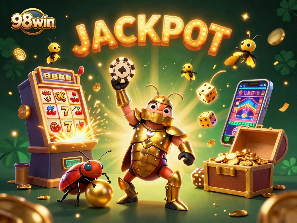 Play with 98win at a vibrant 3D casino, featuring a victorious beetle and exciting gaming elements.