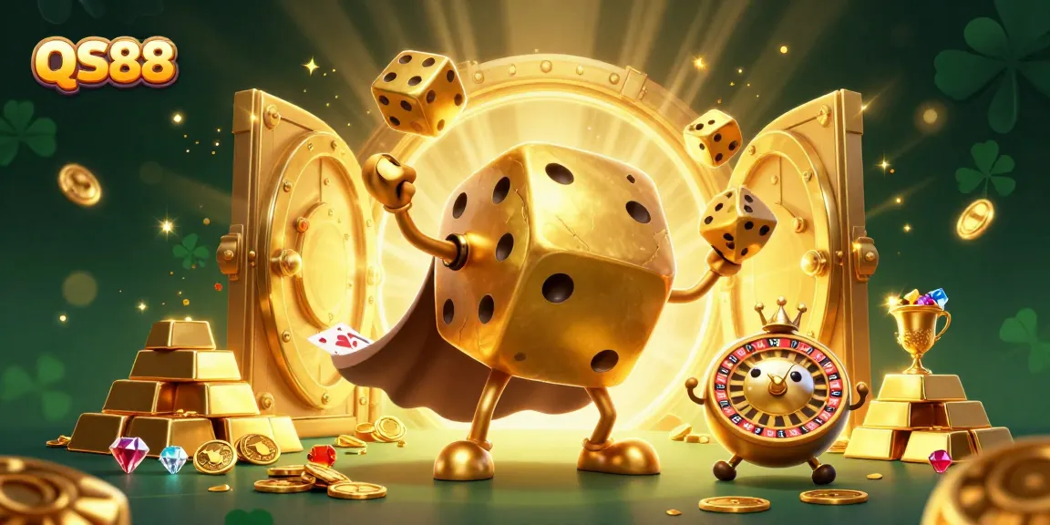 Experience thrilling gameplay with QS88 in a vibrant casino scene full of dice and riches.