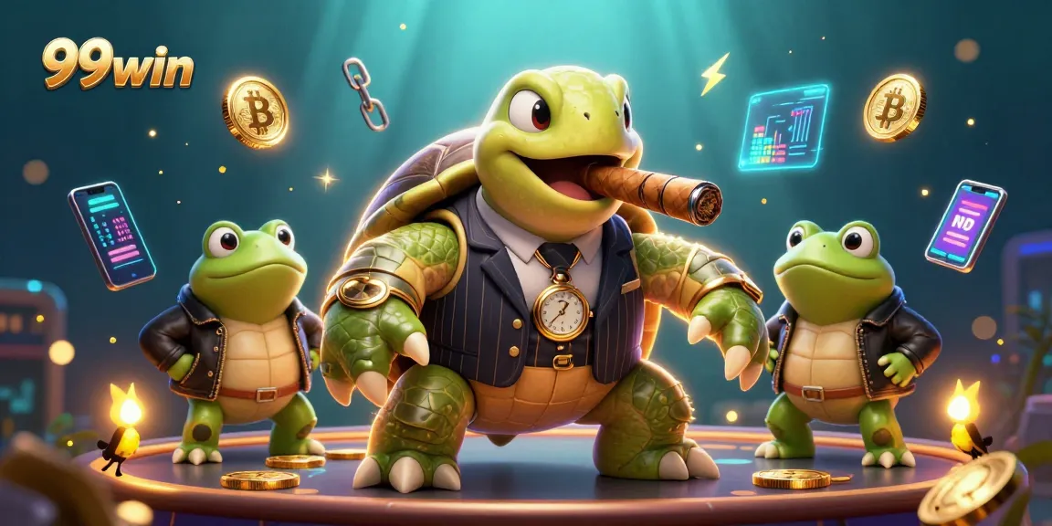 Play thrilling games at 99win casino with a cartoon turtle in a mobster suit, vibrant atmosphere.
