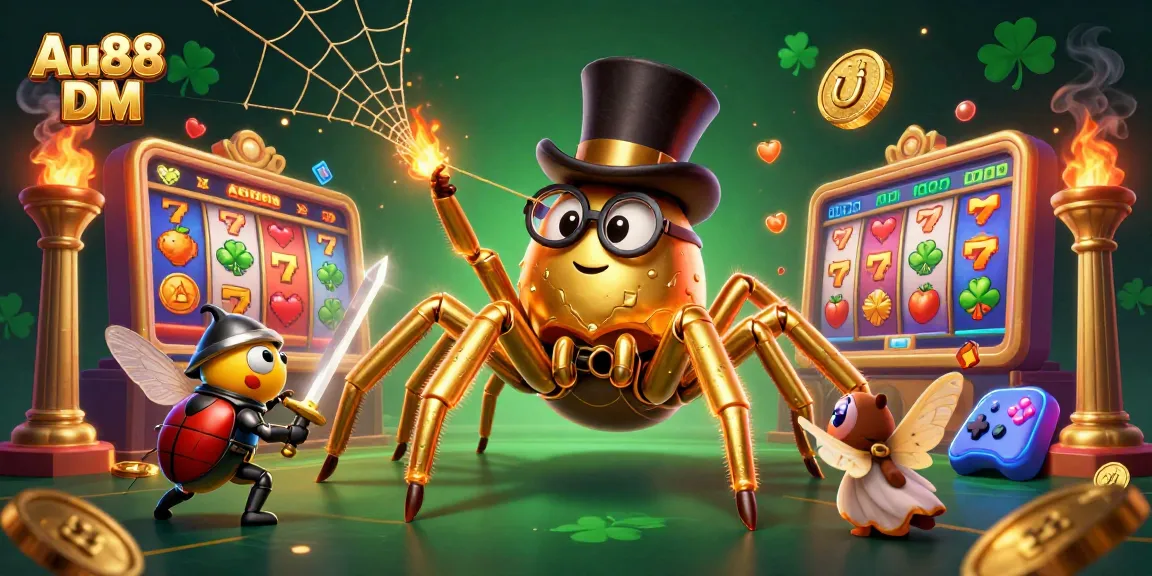 Engage in gaming excitement with Au88 DM at a vibrant casino scene featuring a golden tarantula and beetle knight.