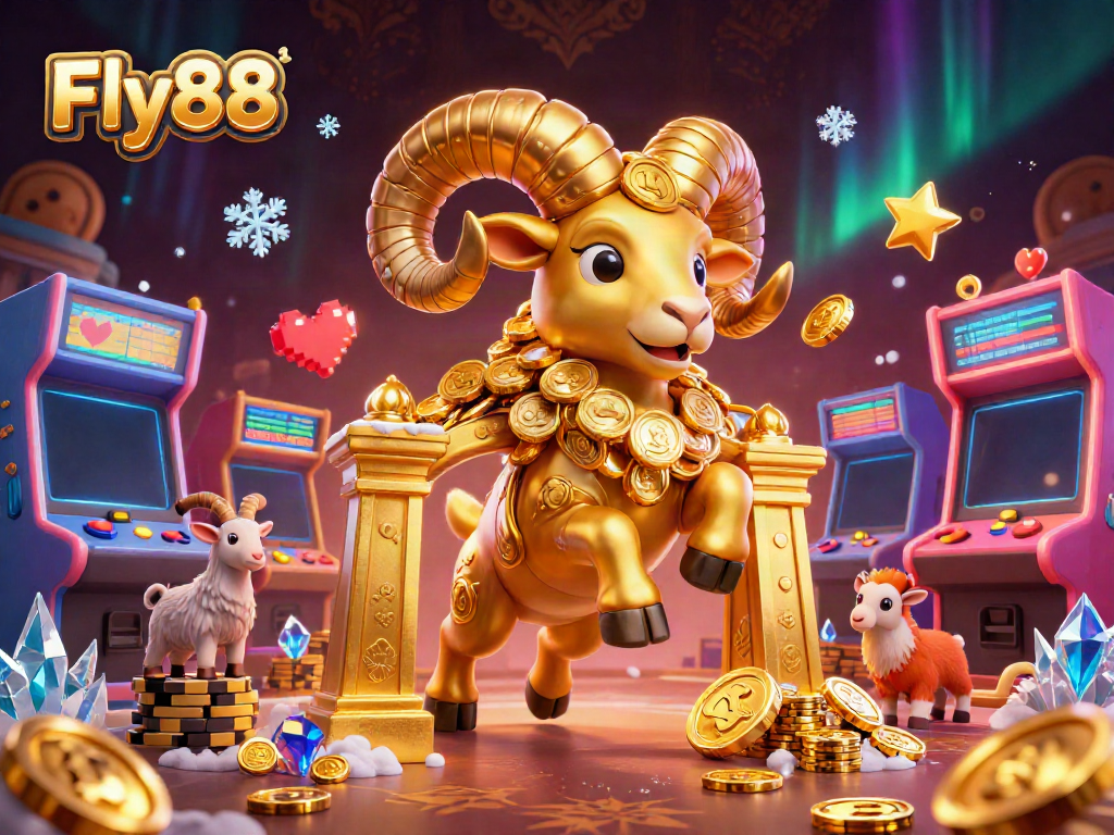 Join the excitement at Fly88 with a golden ram bursting through a casino gate, surrounded by vibrant gaming elements.