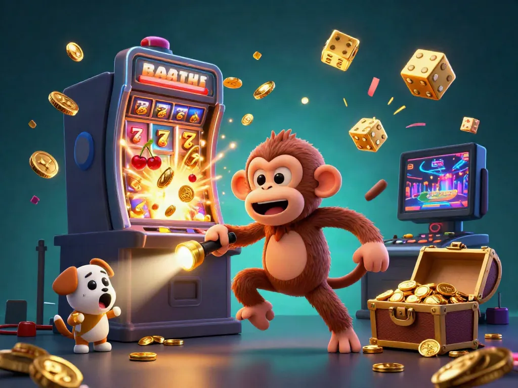 Engage with AD88 in a thrilling casino scene featuring a magical monkey and a curious puppy exploring a jackpot explosion.
