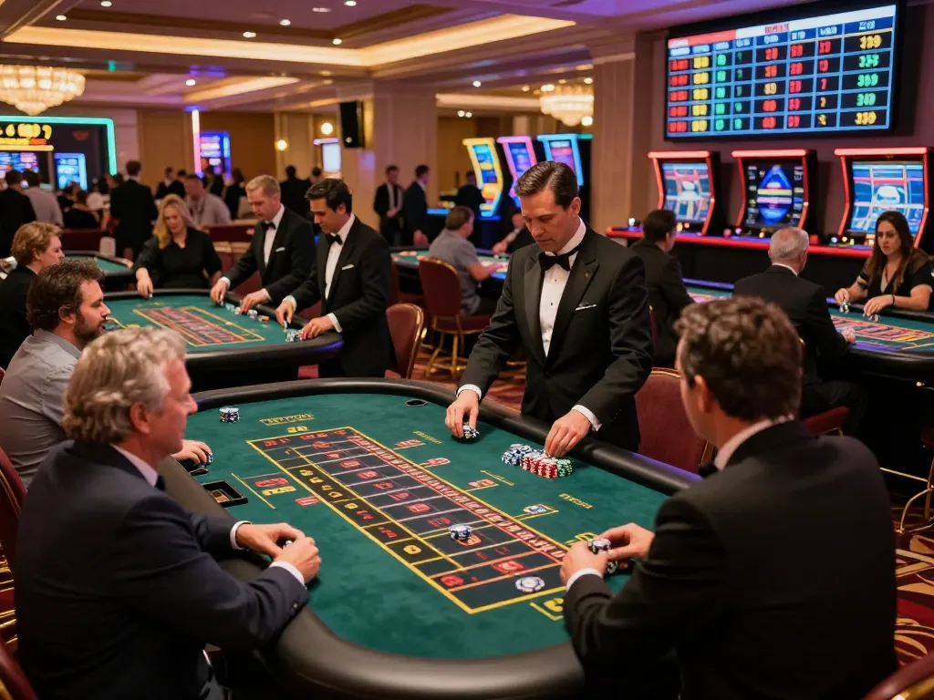 Engaged players placing bets at roulette tables featuring link LLwin in a vibrant Vegas casino.
