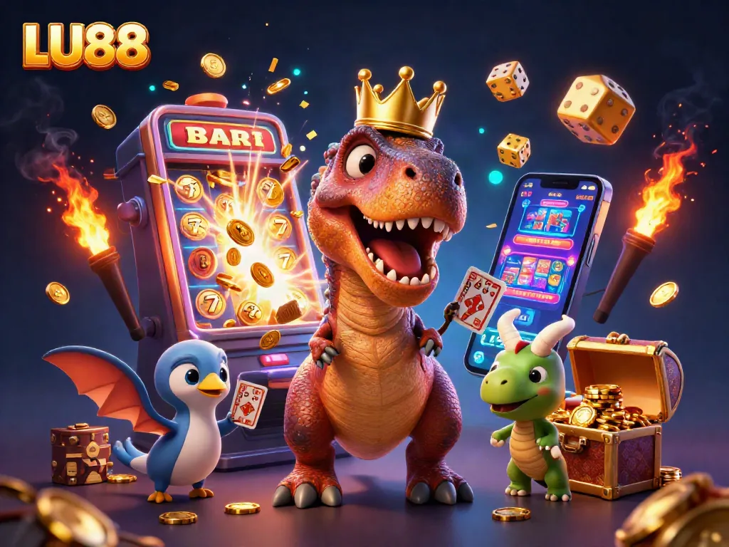 Experience the thrilling LU88 online casino with vibrant characters and stunning gaming elements in this dynamic illustration.