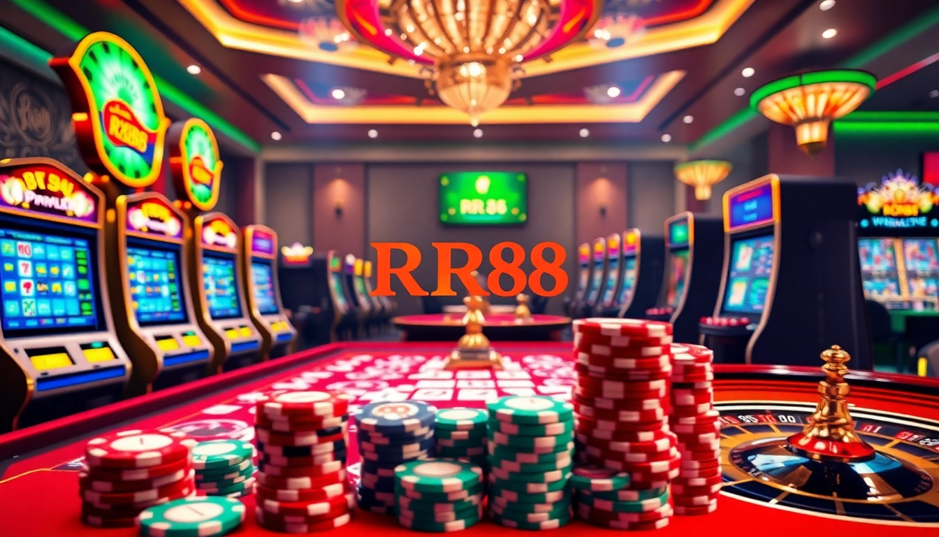 Experience the excitement of RR88 with a vibrant casino scene showcasing gaming tables and slot machines.