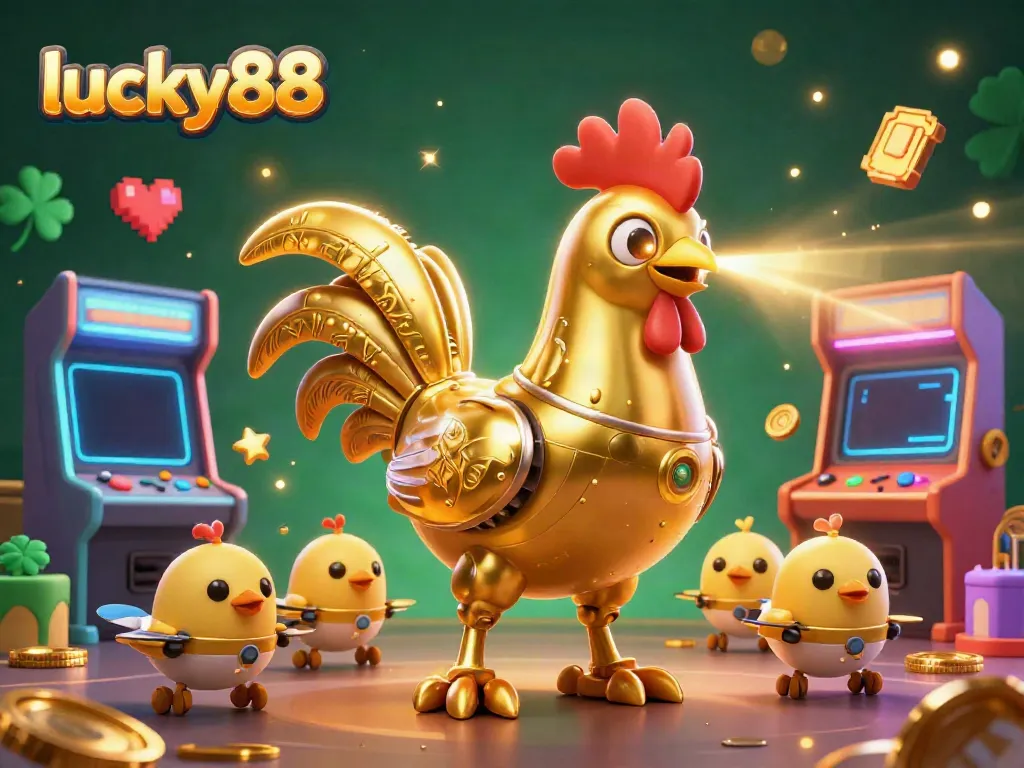 Experience the charm of lucky88 with a vibrant golden rooster robot leading a fun arcade scene.