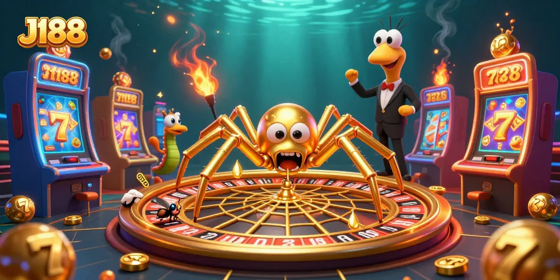 Experience thrilling bets at J188 with a playful spider and a centipede croupier amidst slot machines.