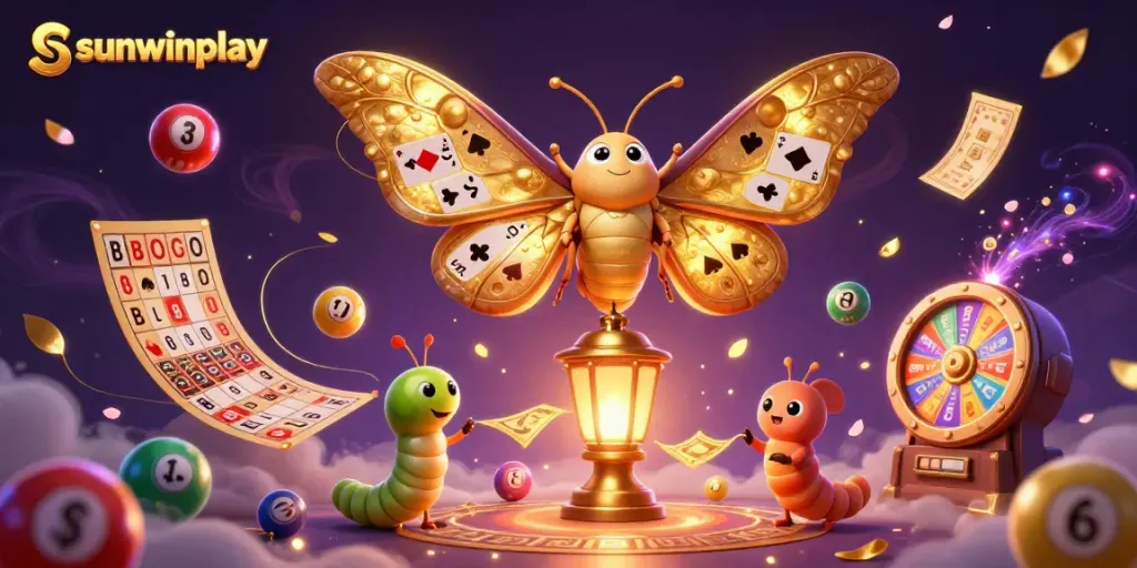 Experience engaging casino action with sunwinplay featuring an impressive 3D moth and vibrant lottery elements.