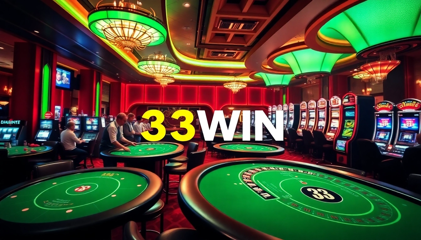 33WIN casino players celebrating wins at stylish poker tables and slot machines.