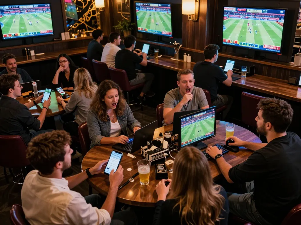 Exciting sports betting scene at a lively bar showcasing live games and patrons betting online via mm88.com