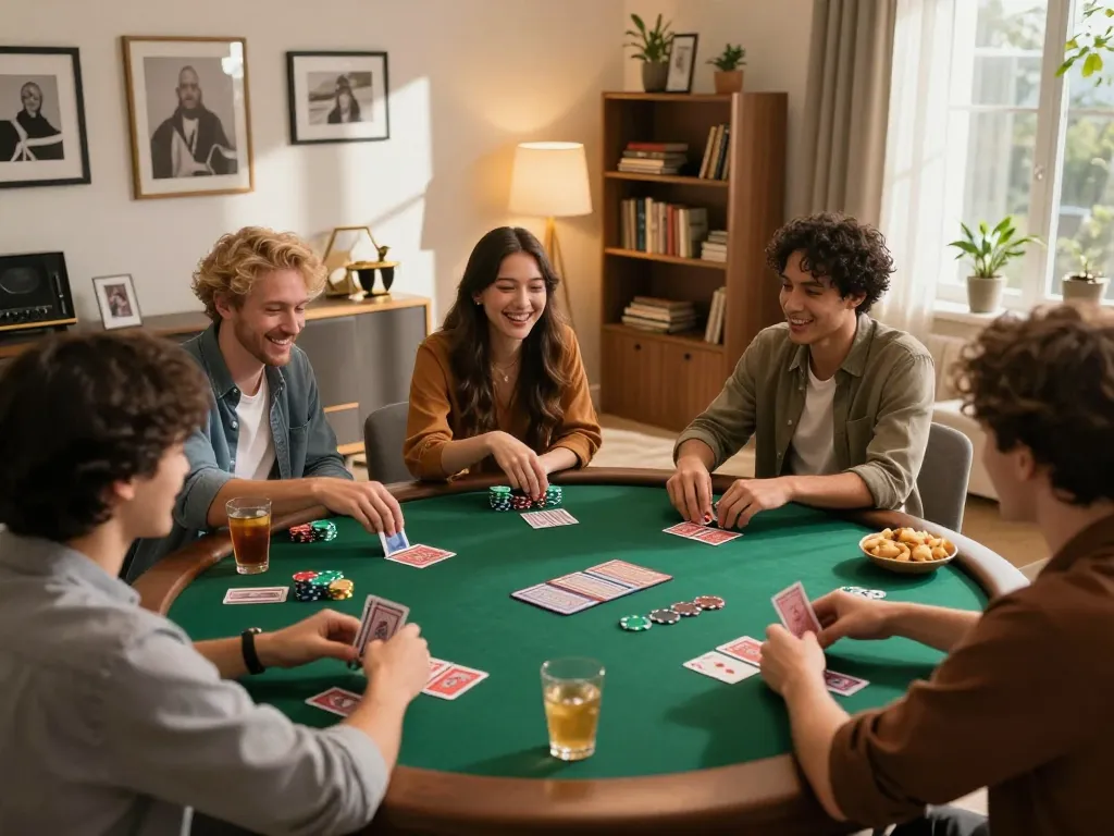 Enjoying an exciting poker game at home with friends as Ko66 chips and cards are in play.