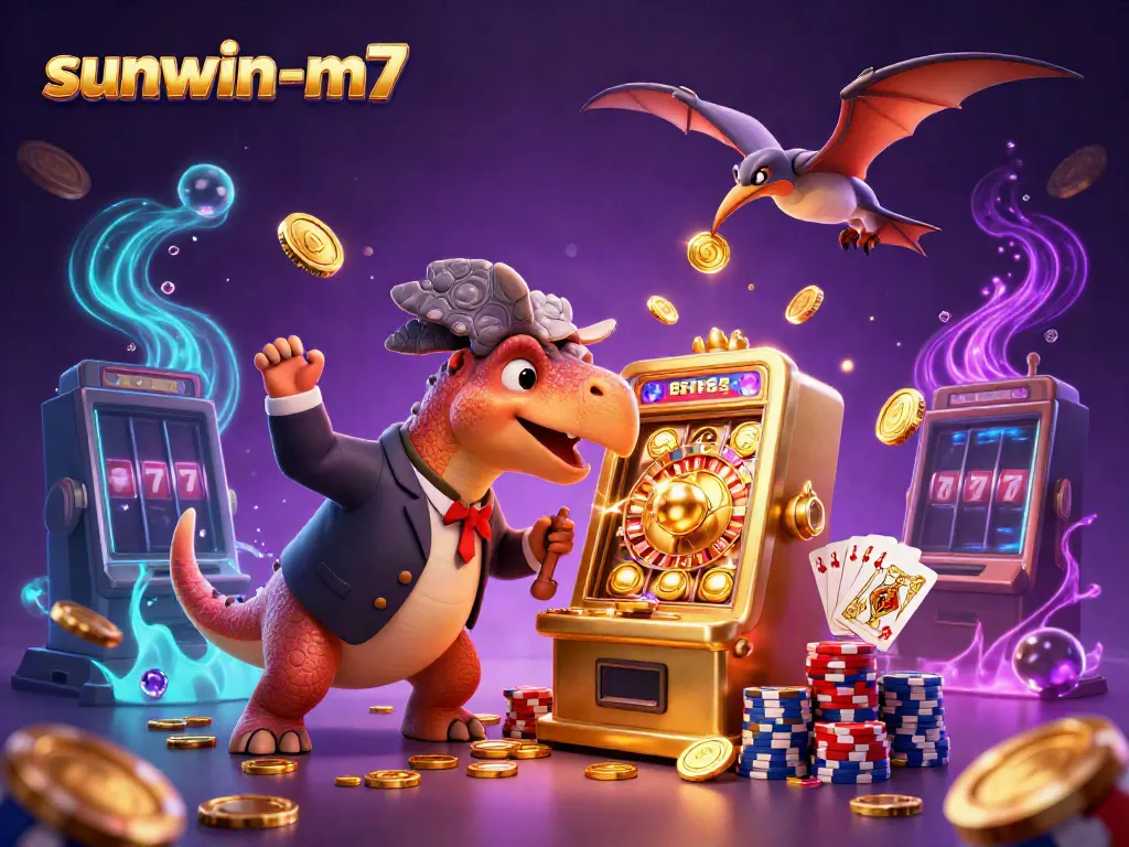 Experience the excitement of sunwin-m7 as dinosaurs interact with slot machines, showcasing dynamic casino action.