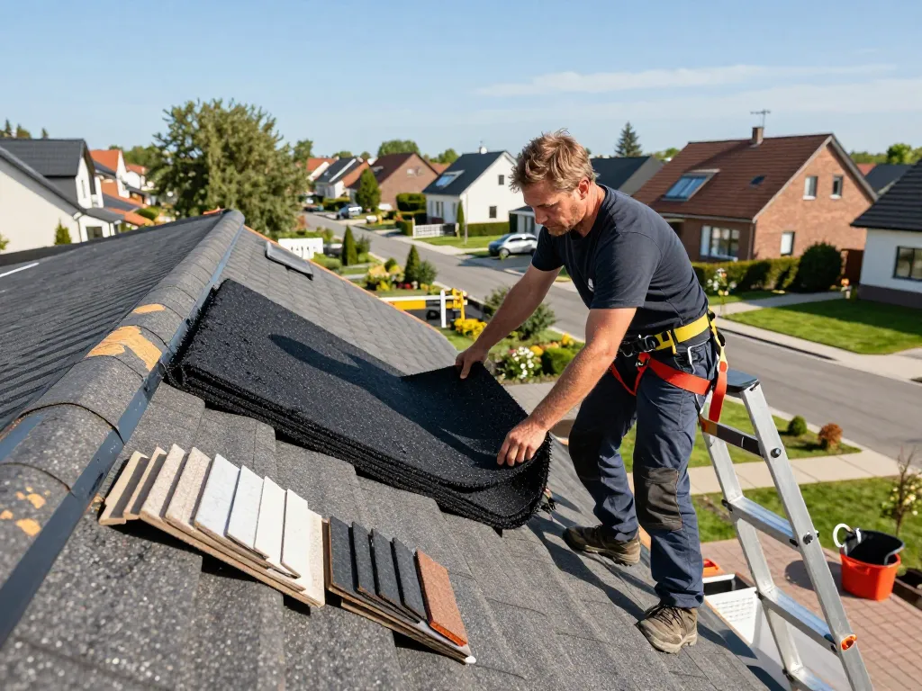 Betrouwbare dakdekker Harderwijk installeert hoogwaardige bitumen dakbedekking op een huis in de buitenwijken, met nadruk op vakmanschap en veiligheid.