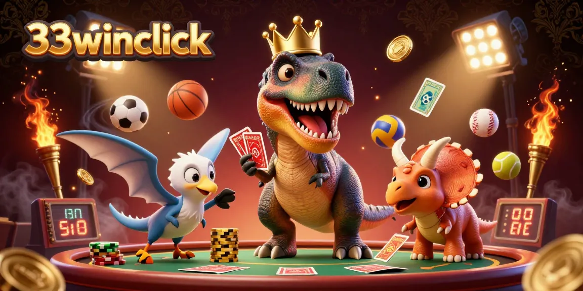 Engage with 33winclick’s lively casino theme featuring animated T-Rex, sports elements, and vibrant design.