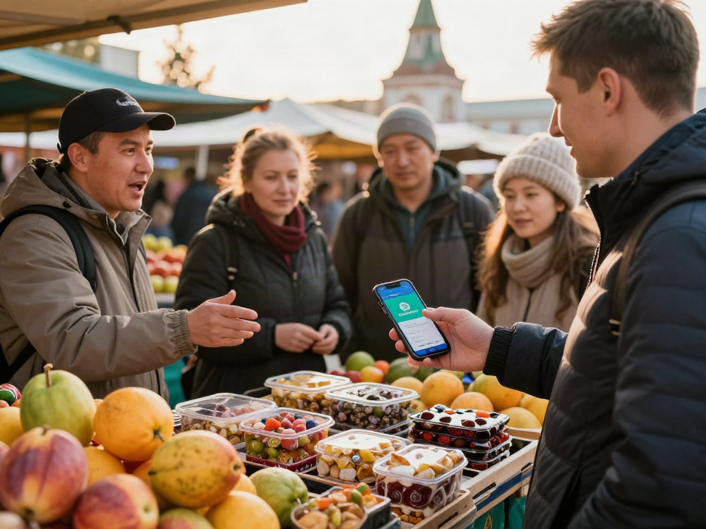 Toeristen gebruiken https://payinrussia.com/ voor digitale betalingen op een lokale markt met kleurrijke producten en een enthousiaste verkoper.