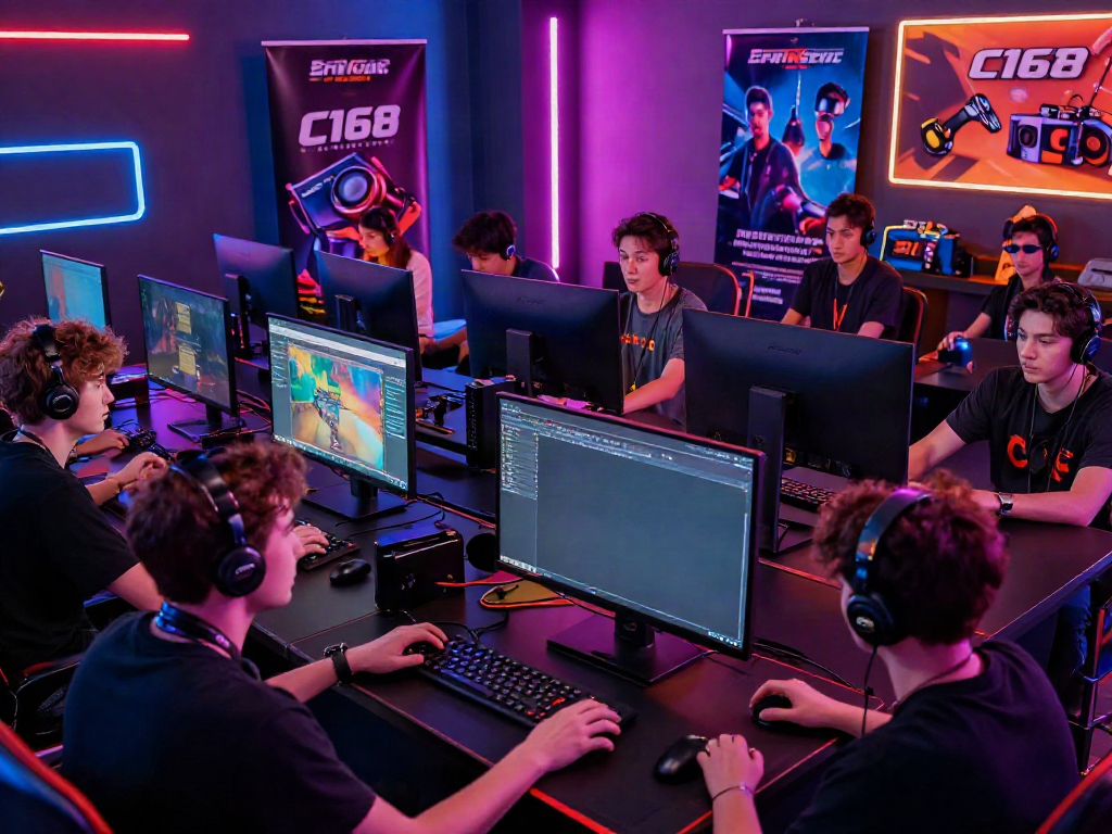 Dynamic gaming environment showcasing players engaged with C168 promotions and various devices, embodying excitement and community.