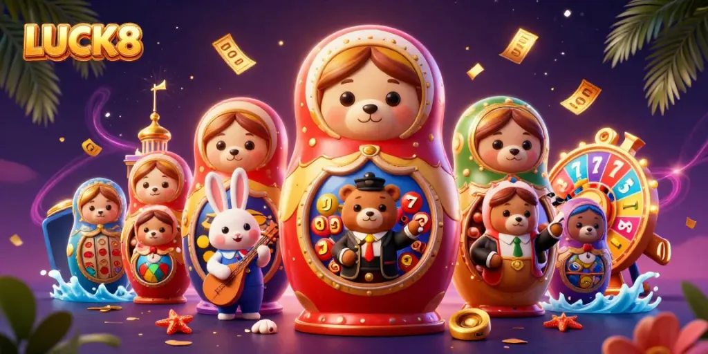 Spin the reels with excitement at LUCK8, featuring colorful slot symbols and festive bears in a dynamic casino scene.