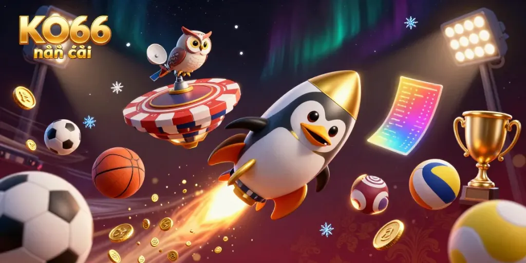 Experience thrilling action at KO66 nhà cái with our vibrant casino-themed illustration featuring a golden penguin and dynamic game elements.