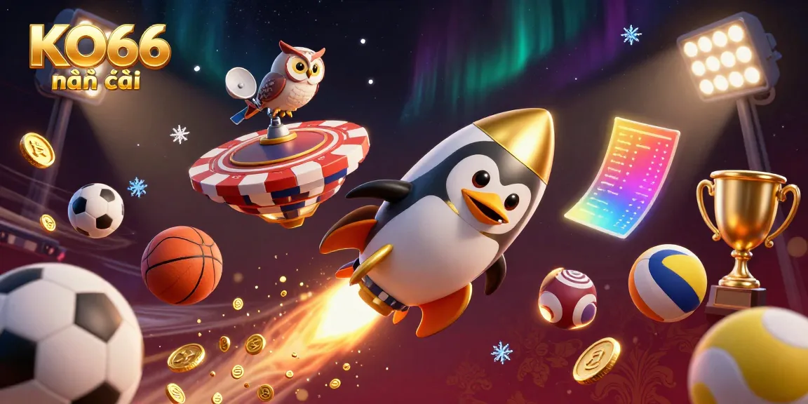 Experience thrilling action at KO66 nhà cái with our vibrant casino-themed illustration featuring a golden penguin and dynamic game elements.