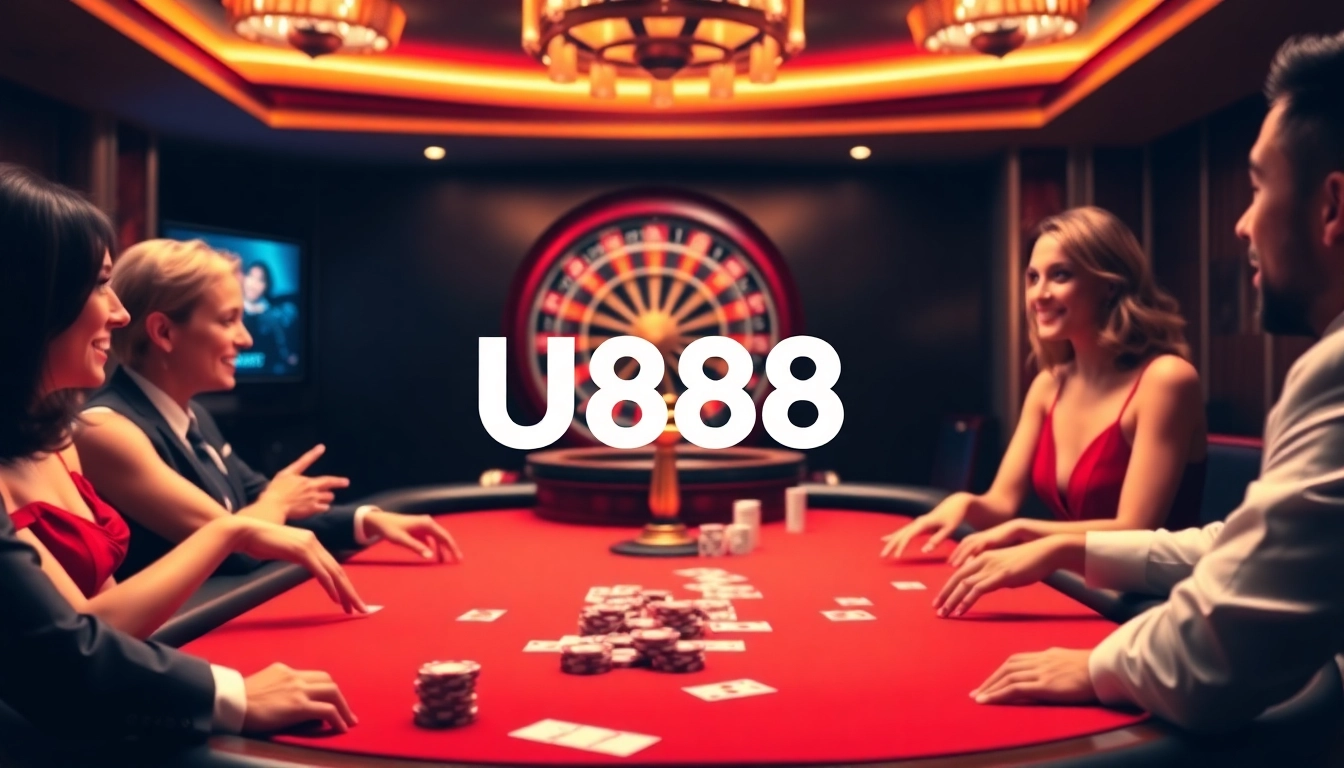 Experience the thrill of U888 online casino with luxurious poker chips and an exciting roulette wheel.