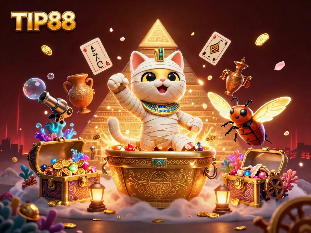 Experience the thrilling world of TIP88 with a mummy cat and treasures in a vibrant casino