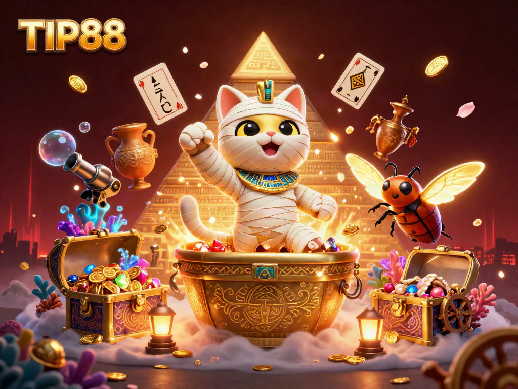 Experience the thrilling world of TIP88 with a mummy cat and treasures in a vibrant casino