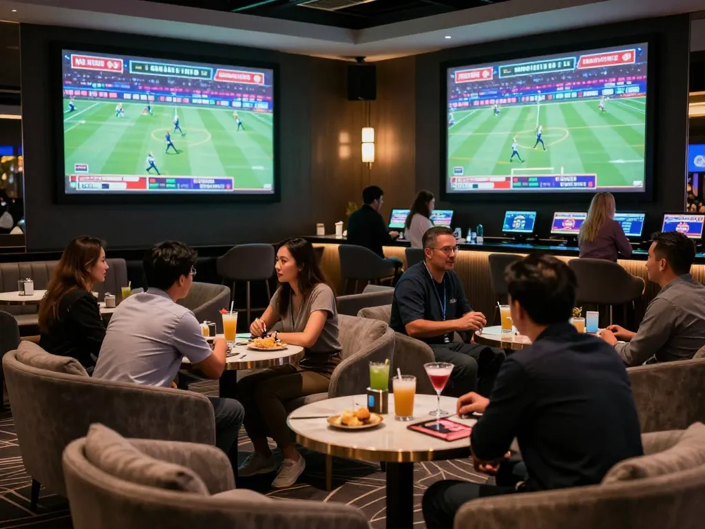 Betters discussing strategies for kèo nhà cái in a luxurious sports betting lounge, drinks and screens visible.