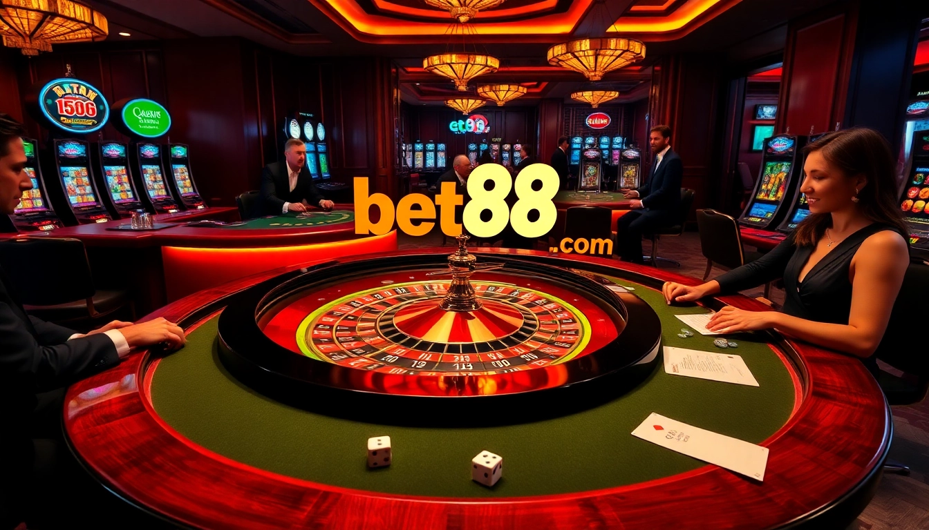 Engaging scene at Bet88 com where players enjoy poker at a luxury casino table with vibrant lighting and chips.