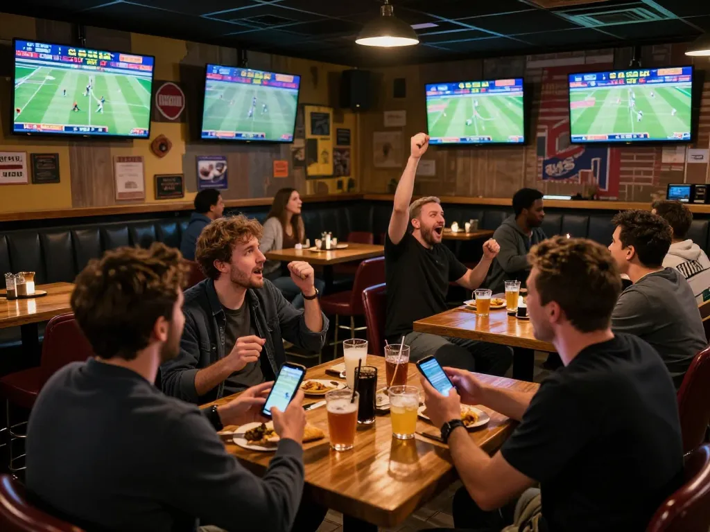 Cheering fans engage in sports betting action at KP88, using phones to track live odds.