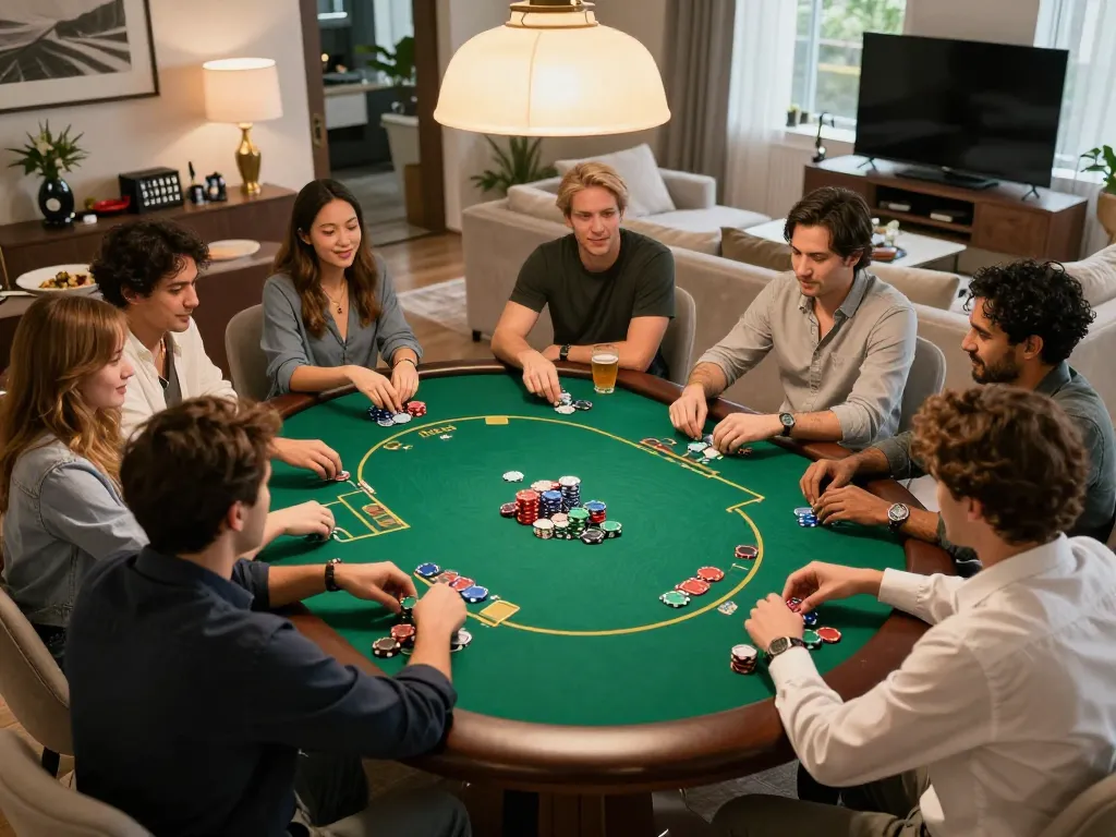 Players enjoying a thrilling poker night at home with XOCDIA88, showcasing strategy and camaraderie around the table.