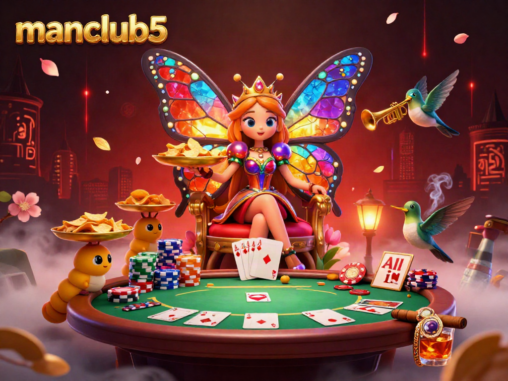 Experience the enchanting world of manclub5 with vivid characters and poker game elements in a magical setting.
