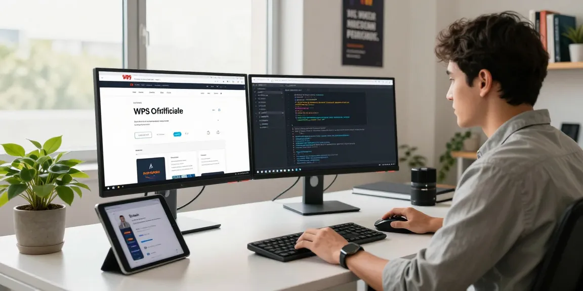 Developer utilizing the WPS Official Website in a modern workspace with multiple monitors and tech gadgets.
