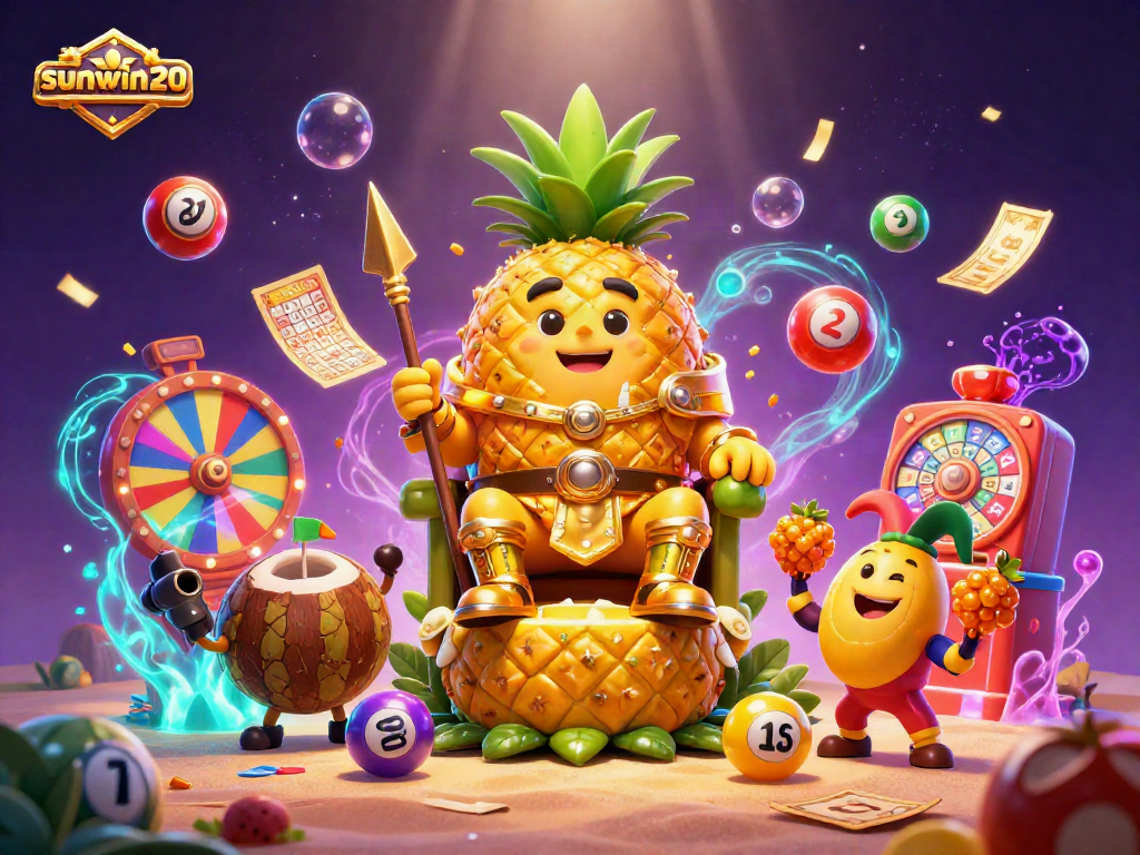 Experience the vibrant and energetic sunwin20 casino with a golden pineapple king and colorful elements.