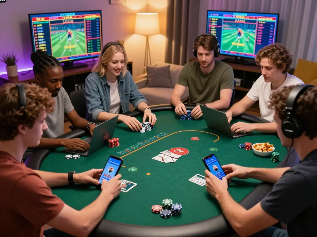 A lively online gambling setup showing players enjoying keonhacai fb88 poker games on laptops, surrounded by vibrant decor and gaming accessories.