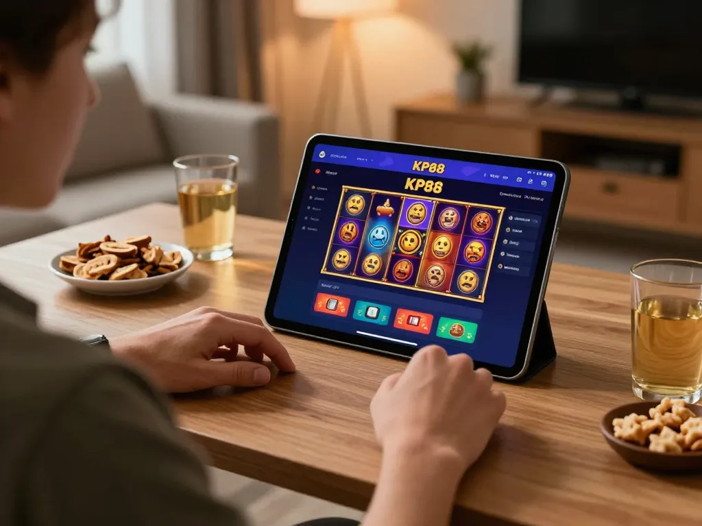 Engage in online gaming with KP88, featuring vibrant slot graphics on a tablet in a cozy home setup.