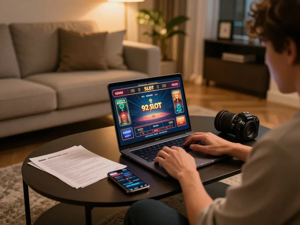 Engaging in 92slot online gambling with strategic notes and ambient lighting in a cozy home setting