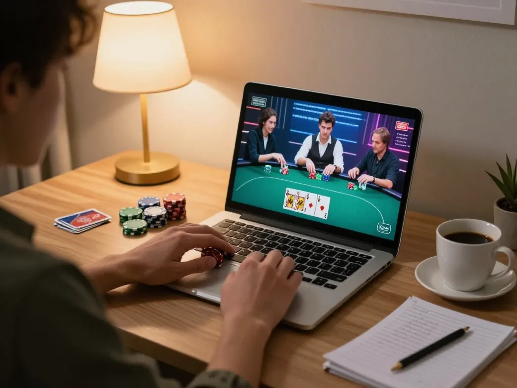 Engaging in a 3BET online poker game with strategy notes and a laptop.