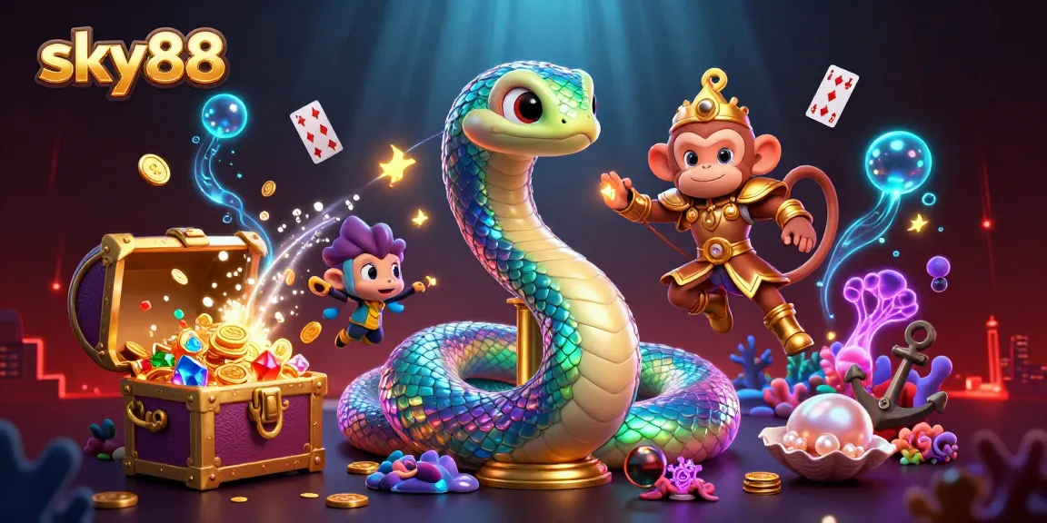 Engage with sky88's vibrant 3D casino scene featuring dynamic characters and treasure elements.