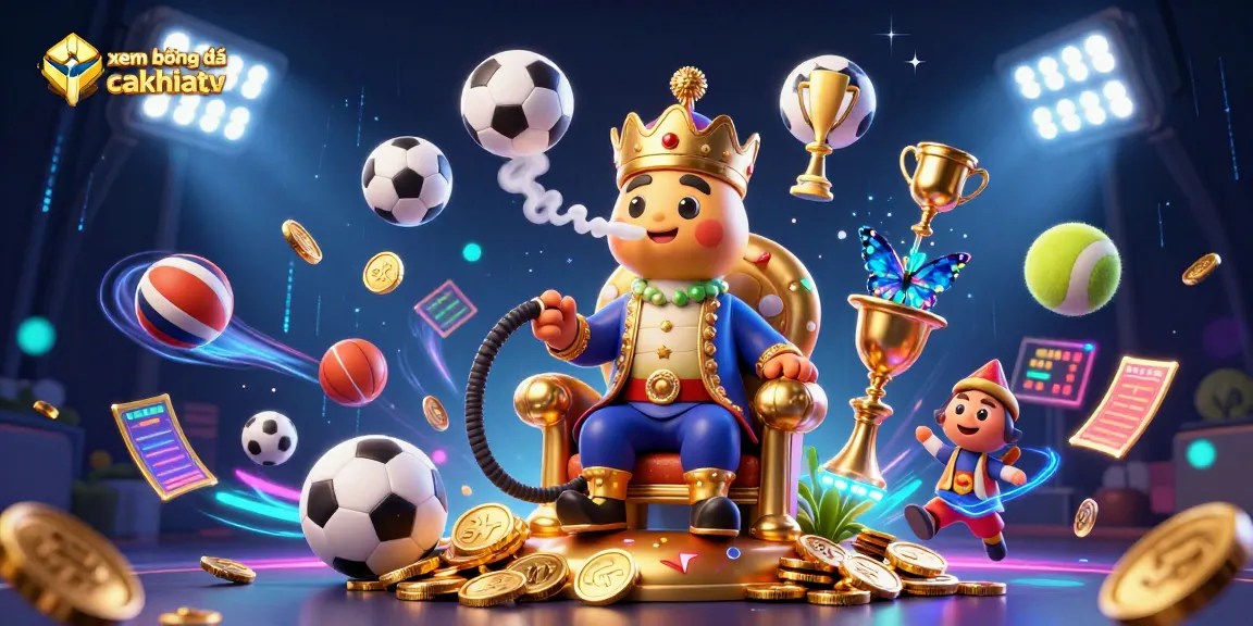 Xem bóng đá cakhiatv features a colorful 3D scene depicting sports elements and a caterpillar master, capturing the excitement of live betting.