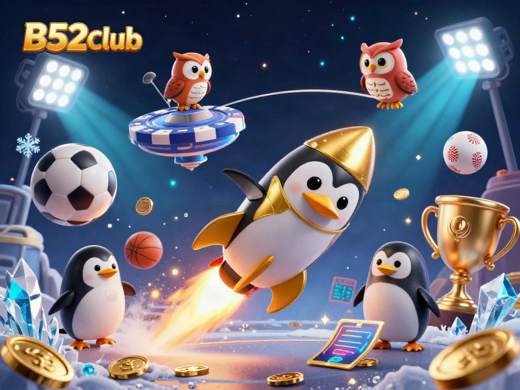 Engage in thrilling games at B52CLub with dynamic penguin character amidst casino elements.