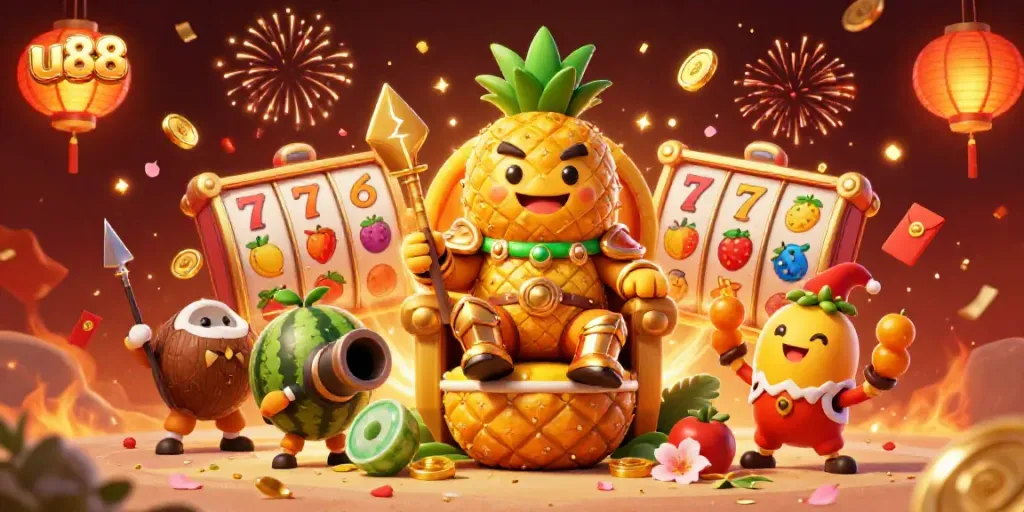 Experience fun with u88 at a vibrant beach casino with a pineapple king and entertaining elements.