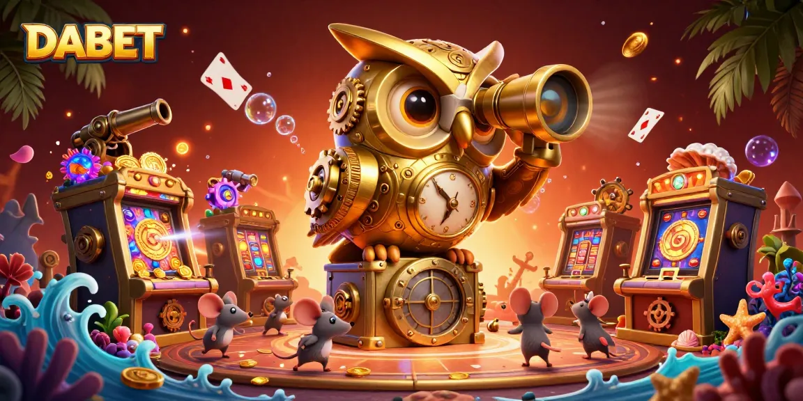 DABET showcases a thrilling casino scene with a massive clockwork golden owl and animated mouse patrons enjoying vibrant slot machines.