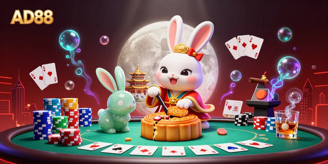 AD88 features a moon rabbit amidst poker elements, highlighting a unique casino experience.