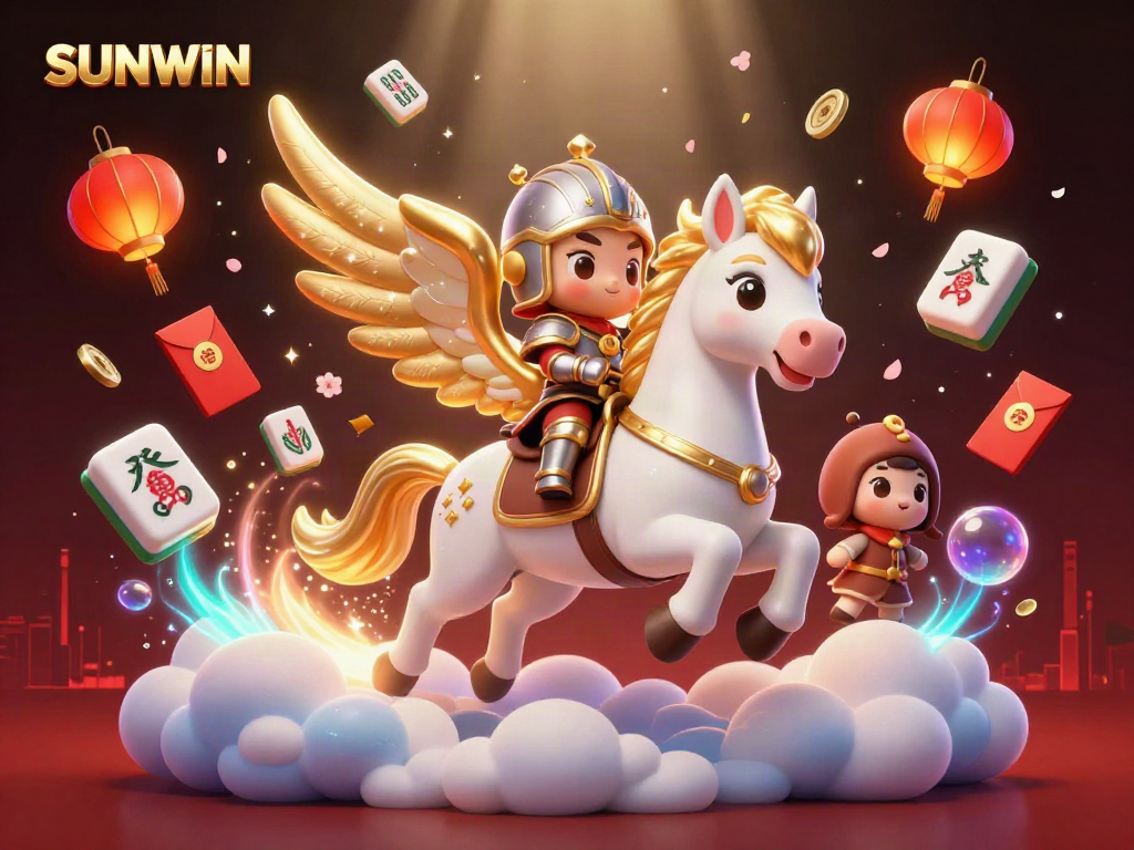 Experience the excitement of SUNWIN with a thrilling 3D celestial scene featuring a magical horse in a dynamic casino atmosphere.