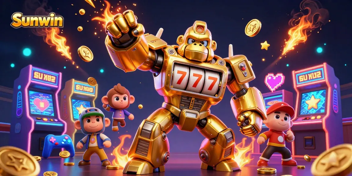 Experience the thrilling Sunwin casino adventure with a golden gorilla mech showing off spinning reels and explosive wins!