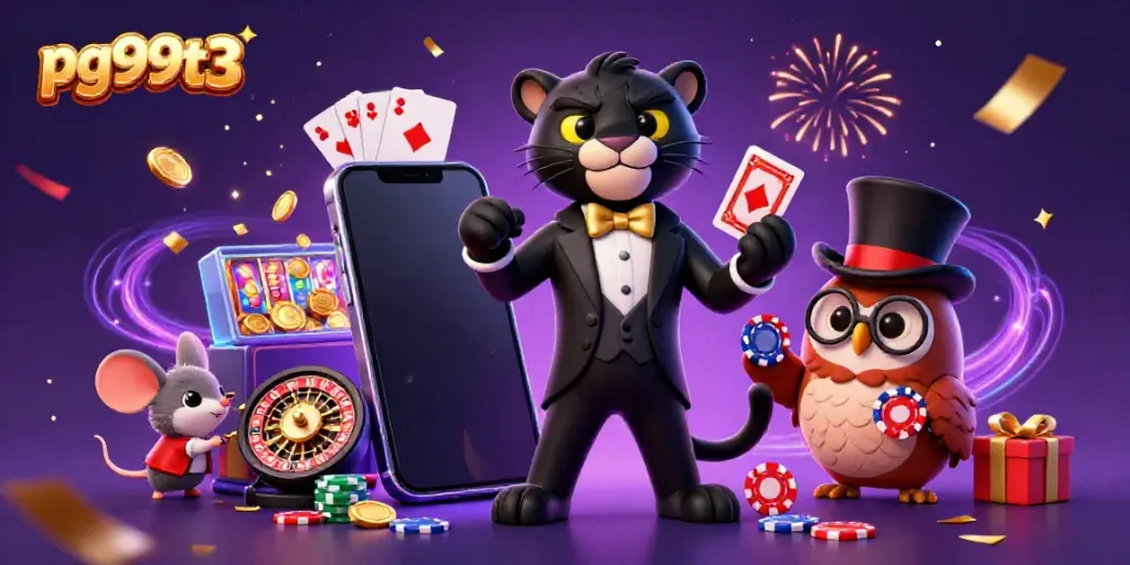 Experience thrilling gameplay at pg99t3 with a stylish panther dealer, lucky owl, and vibrant casino elements.