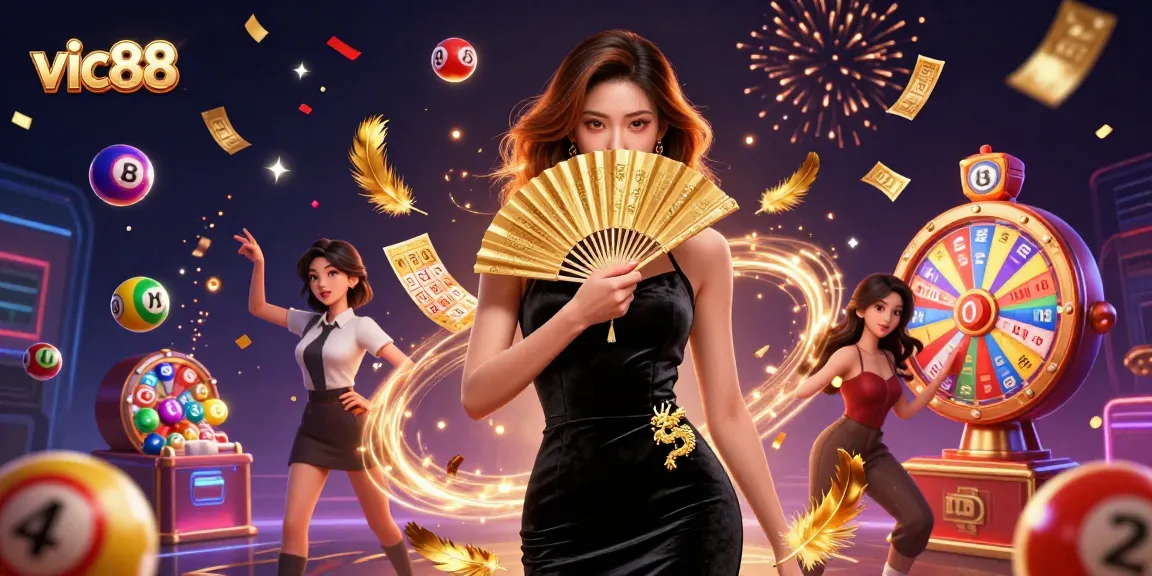 Experience thrilling gameplay at vic88 with an elegant Asian woman amidst vibrant lottery elements.