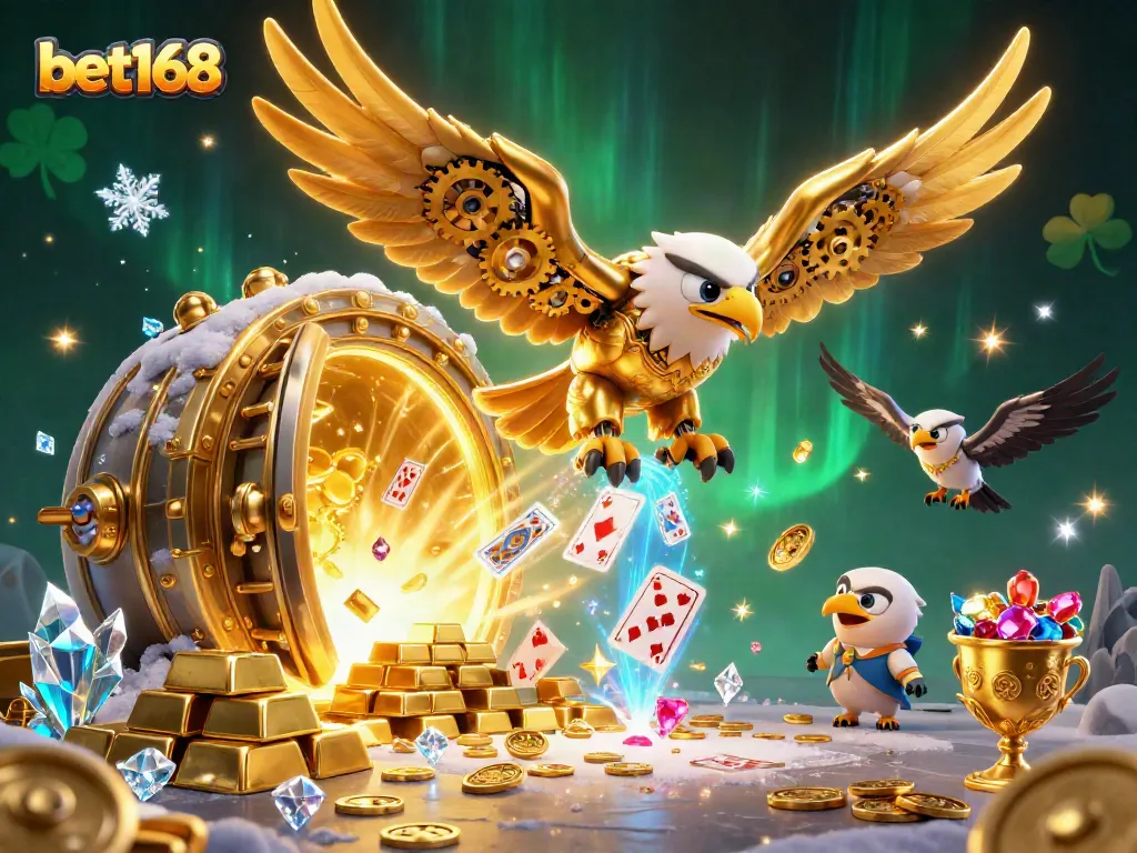 Experience winning thrills with bet168's vibrant 3D casino illustration featuring a golden eagle amidst a treasure trove.