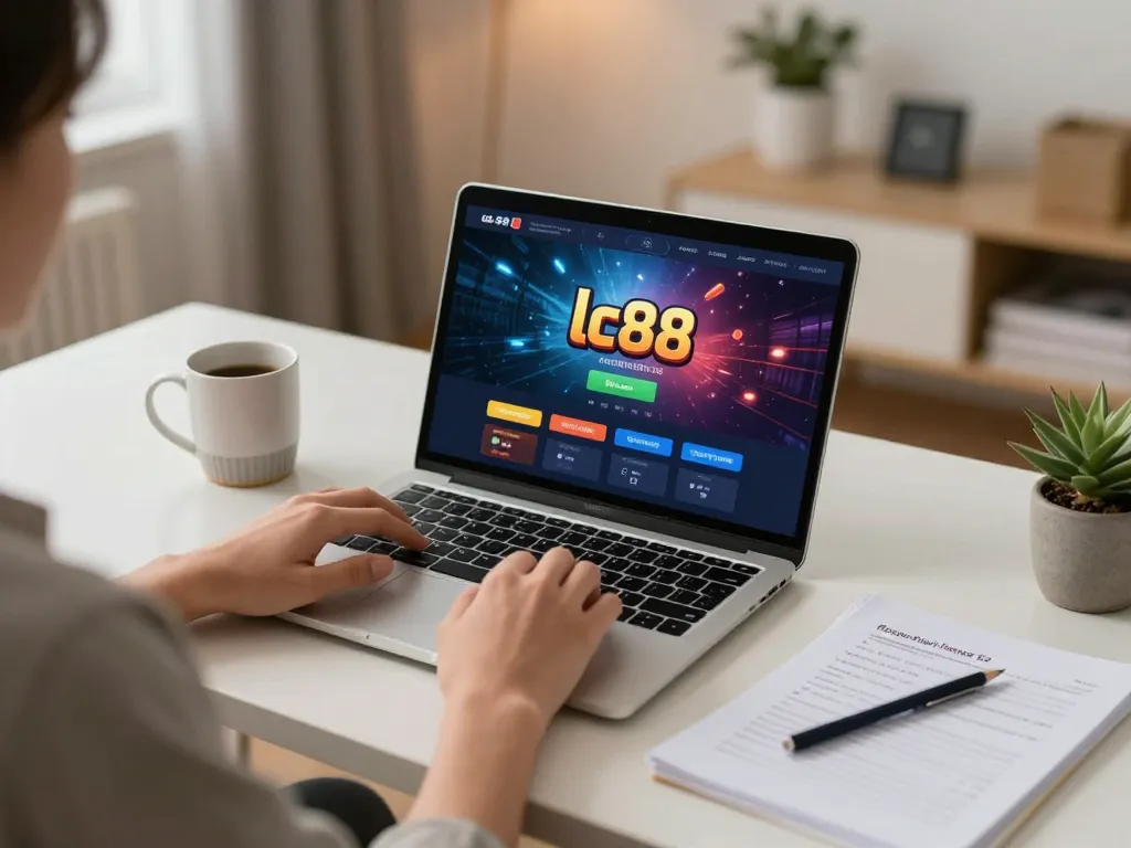 Engaging with lc88 online casino platform in a cozy home office setup for strategic betting.