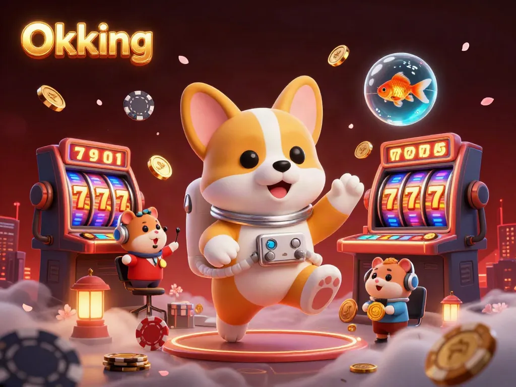 Experience Okking in a vibrant casino scene with a floating astronaut corgi among jackpots and gold coins.